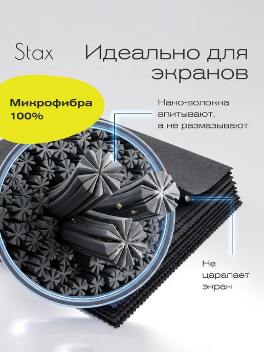 Stax Салфетки для очков без разводов многоразовые, 5шт, 3 шт, фото 7