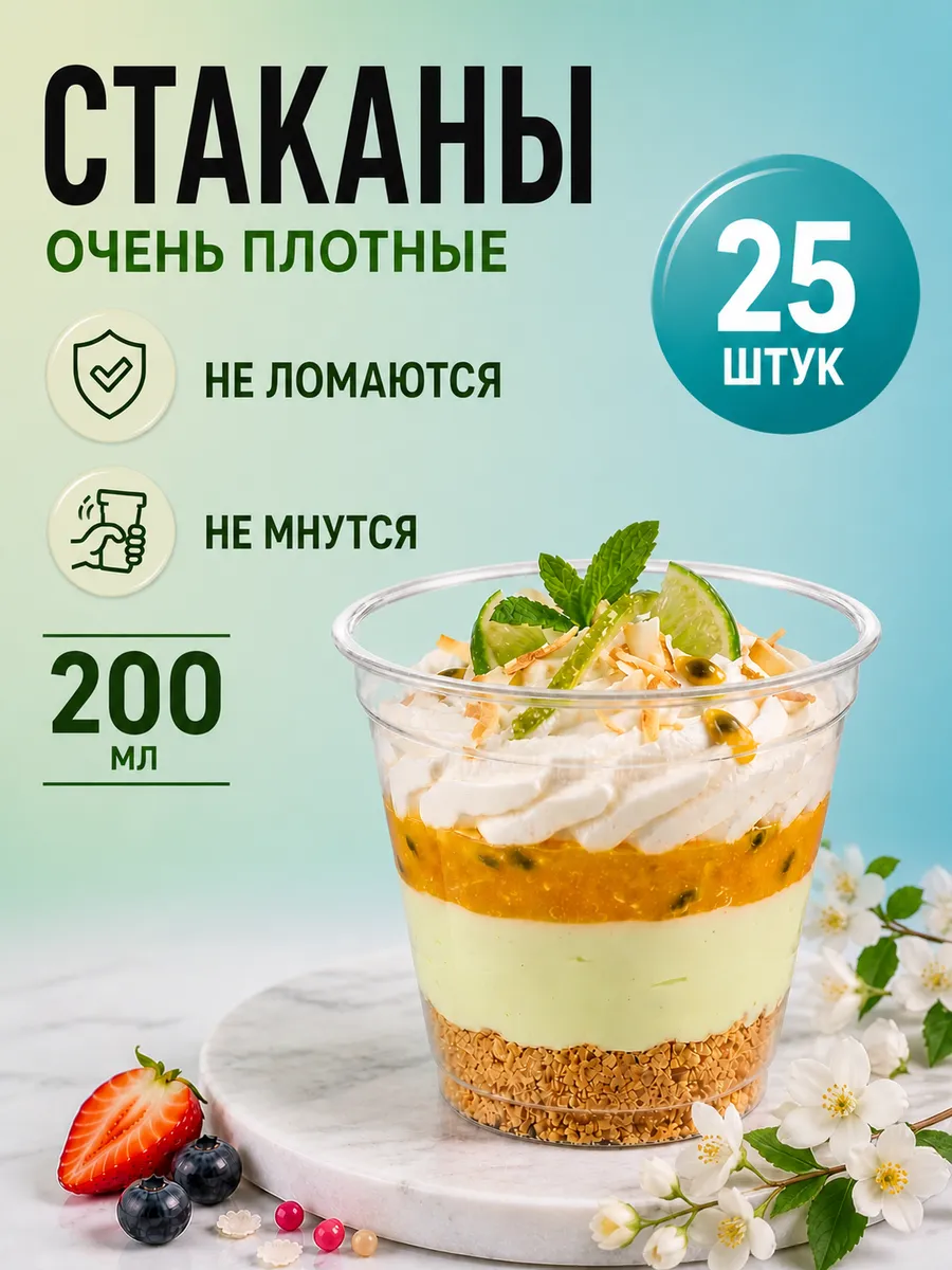 Стаканчики для трайфлов 200 мл пластиковые прозрачные 25 шт