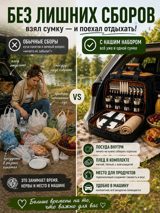 КАКНАДО Набор для пикника термосумка с посудой и пледом, черный, фото 4