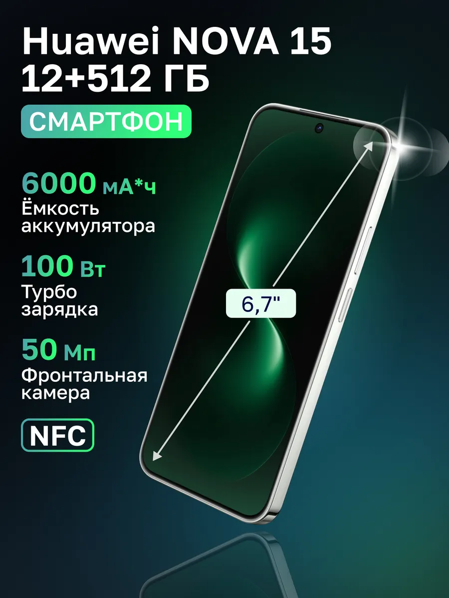 Huawei Смартфон nova 15 12+512ГБ, Мятный (51098TSD)