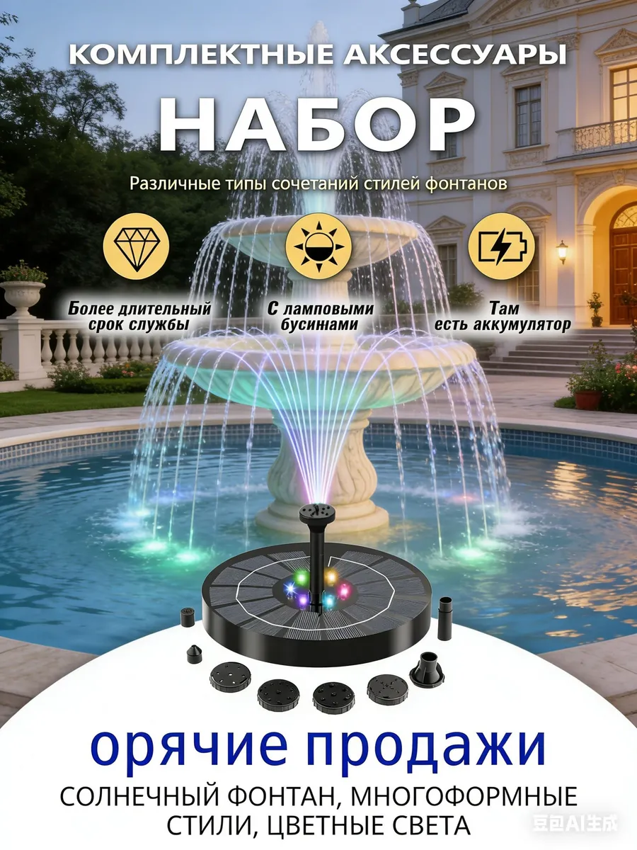 Солнечный фонтан для пруда с цветной подсветкой