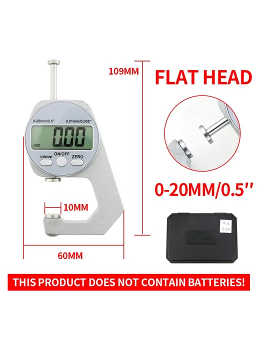 Tooleye Цифровой толщиномер 0-20 мм, Flat Head, 0-20мм