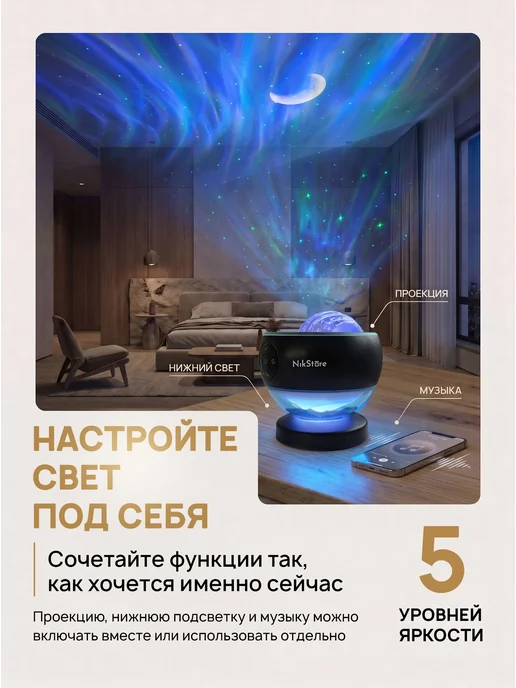 NIKSTORE Ночник проектор звездное небо с блютуз и аккумулятором, черный, фото 7
