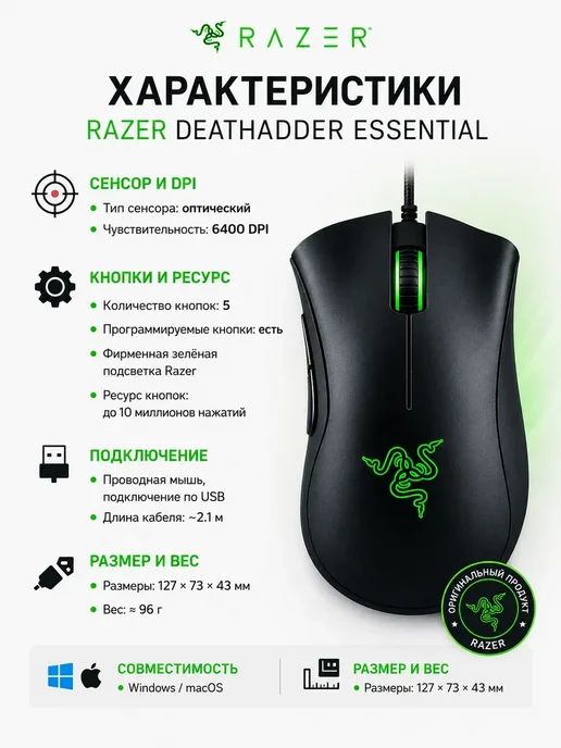 Razer Игровая мышь DeathAdder Essential с проводом, вариант, фото 2