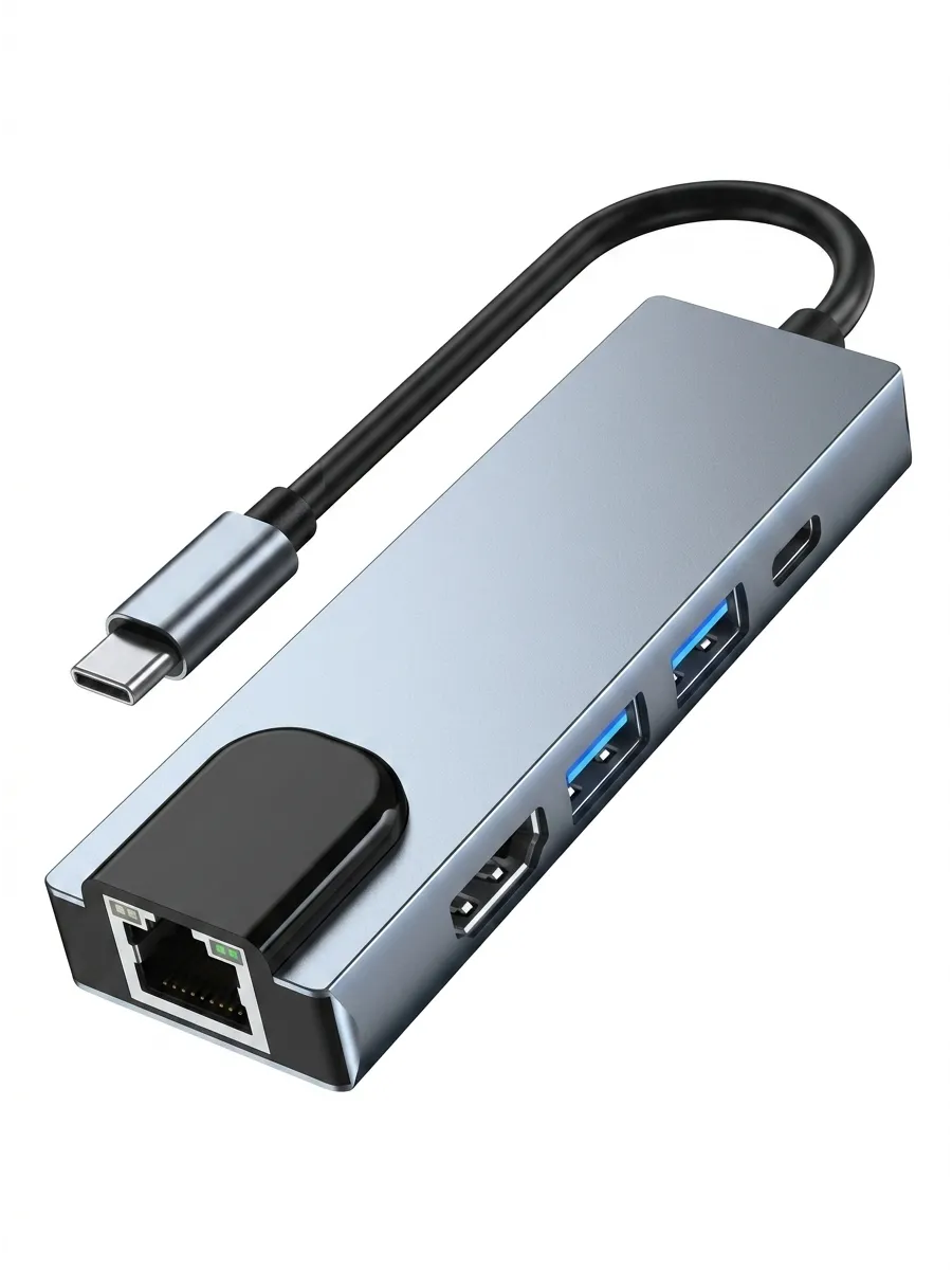 Адаптер хаб USB-C 5 в 1 с сетевой картой RJ-45 USB-3 HDMI