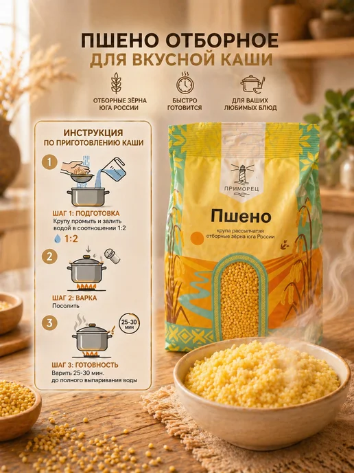 ПРИМОРЕЦ Крупа Пшено 2 шт по 500 г, 2 шт, 500 г, фото 5