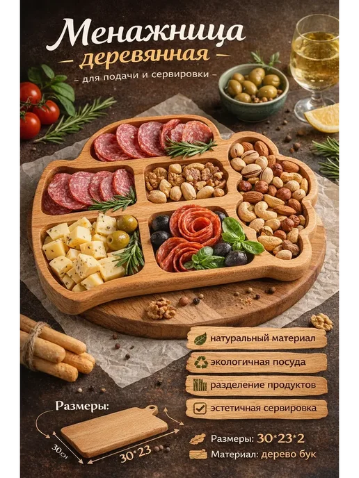 лакси Менажница деревянная для закусок детская, бежевый