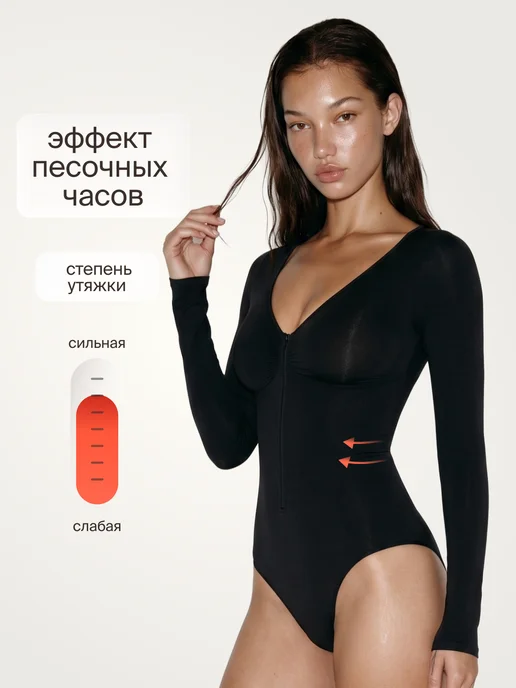 WAISTLINE Утягивающее боди с длинным рукавом, черный, фото 2