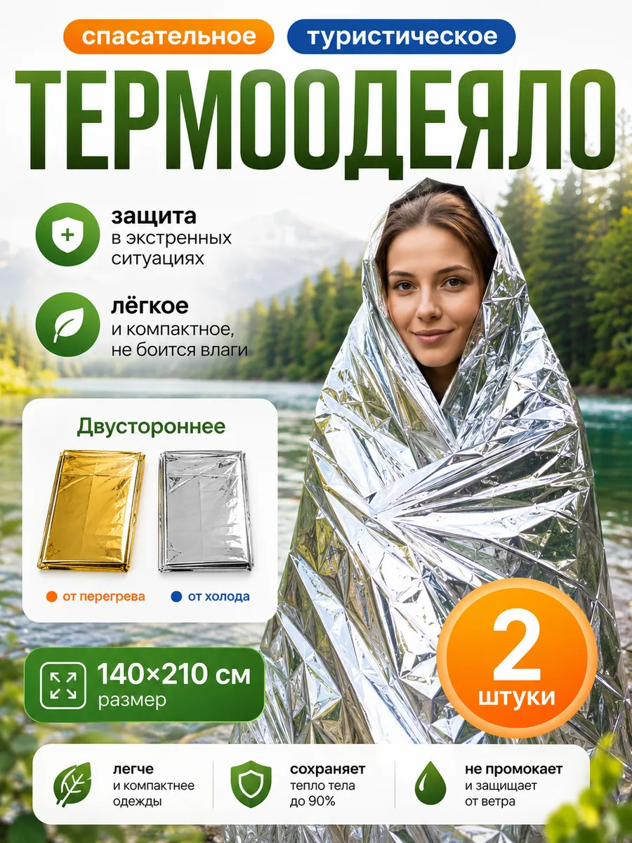 Термоодеяло спасательное туристическое 2 шт