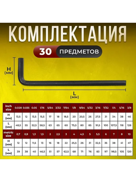 Набор шестигранных ключей 30 пр, сталь хром-ванадий, 30 шт, фото 4