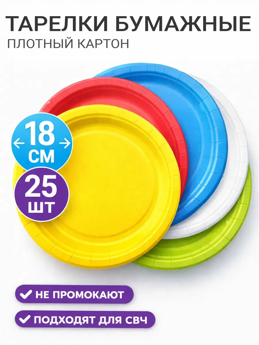Тарелки одноразовые бумажные набор цветные