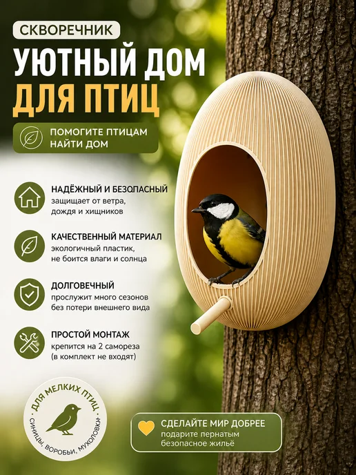 Скворечник для птиц уличный, домик для птиц на дерево, бежевый