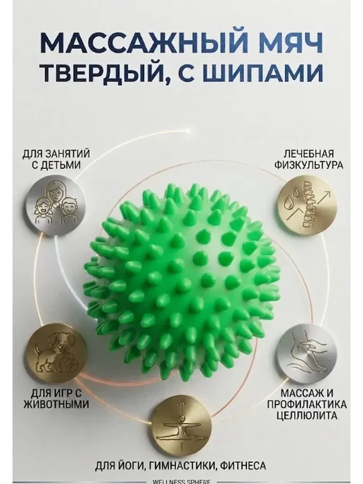 Мяч массажный с шипами для фитнеса и йоги твердый 9см, зеленый