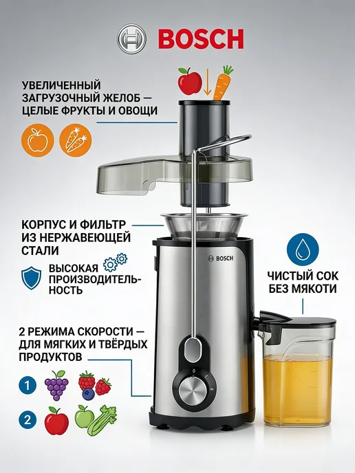 BOSCH Мощная электрическая Соковыжималка, черный, фото 5
