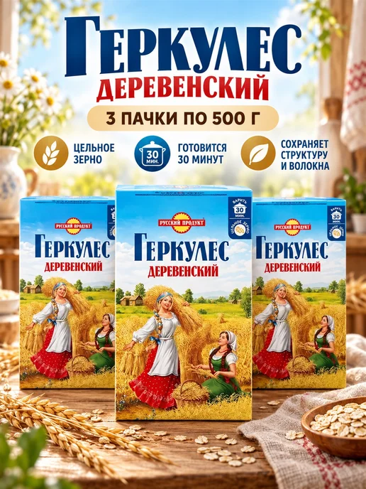 Русский Продукт Геркулес деревенский 2 пачки по 500 грамм, 3 шт