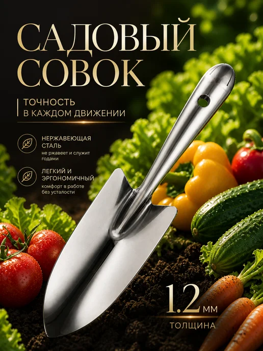 садовый совок прочный металлический, серый