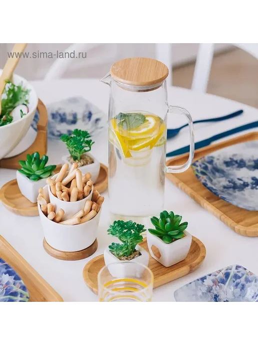 Стильный стеклянный кувшин с бамбуковой крышкой, белый, фото 2