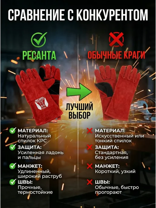 РЕСАНТА Краги сварщика спилковые СК-10КП, черный, фото 5
