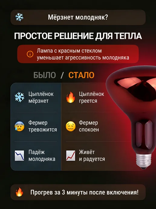 КЭЛЗ. Инфракрасная лампа для цыплят обогрева курятника теплицы 3шт, 3 шт, фото 2