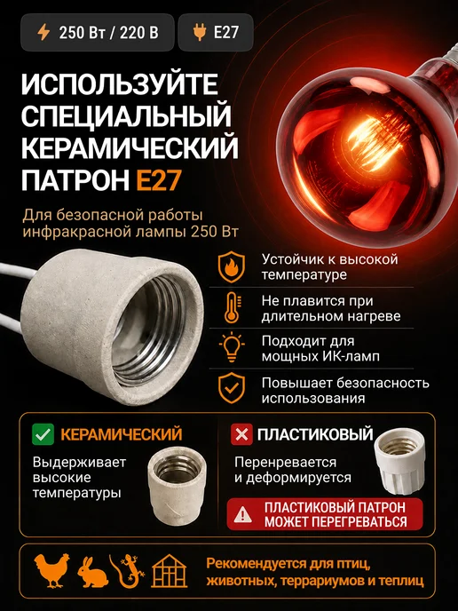 КЭЛЗ. Инфракрасная лампа для цыплят обогрева курятника теплицы 3шт, 3 шт, фото 6