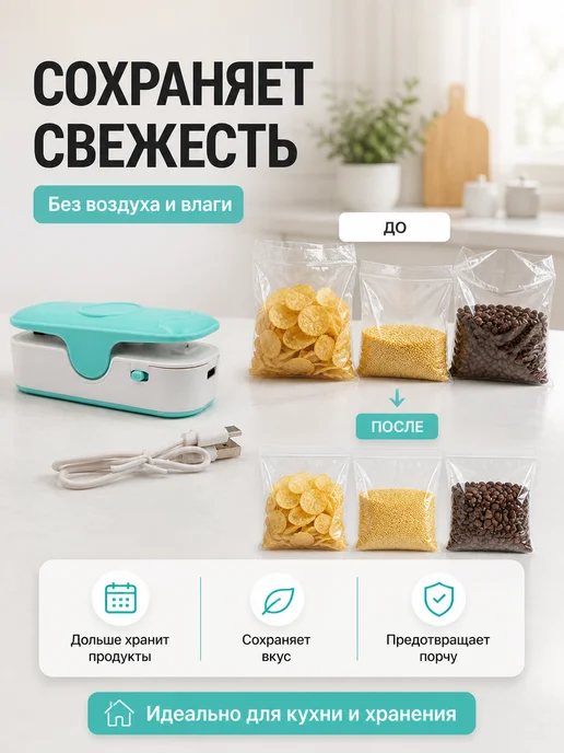 нова1 Запайщик пакетов ручной 2в1 с резаком портативный, голубой, фото 2