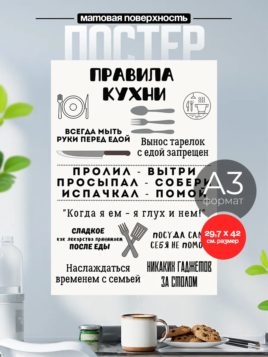 Плакат Правила кухни на стену интерьерный А3