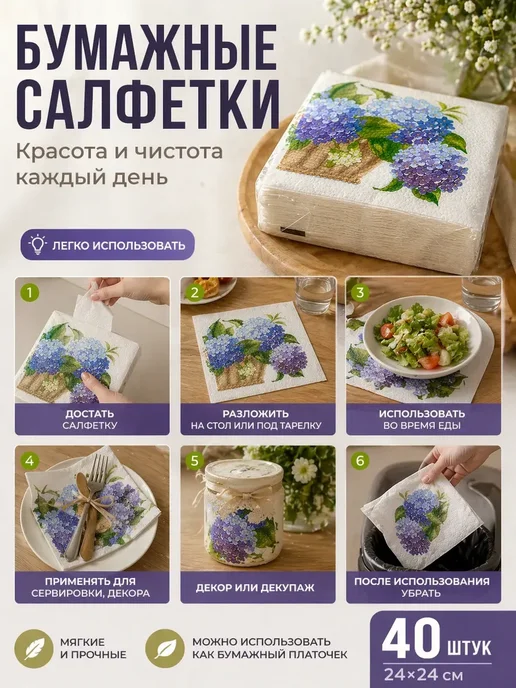 фа31 Салфетки бумажные с цветами 40 шт 24х24 сервировка, 24x24, 40 шт, фото 2