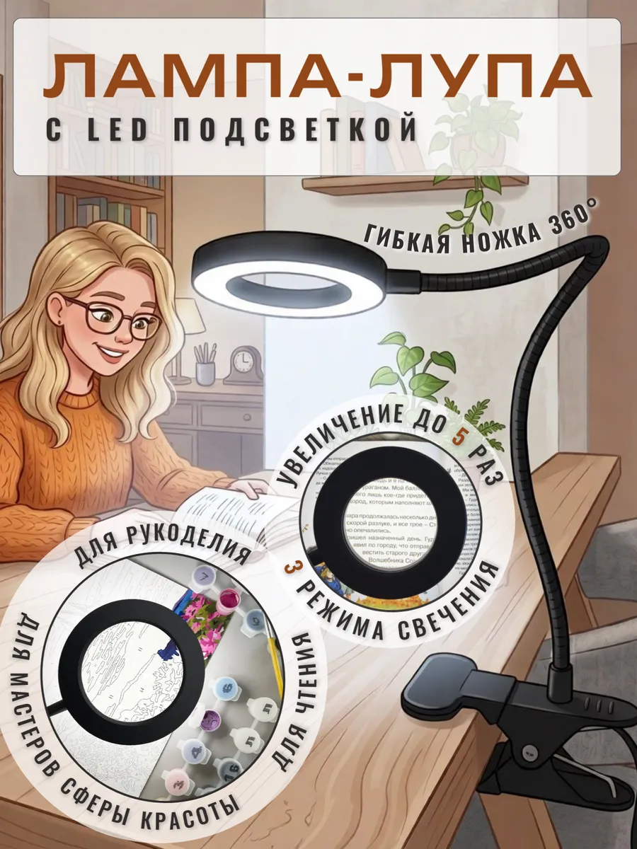 Лампа лупа с подсветкой настольная черная на прищепке