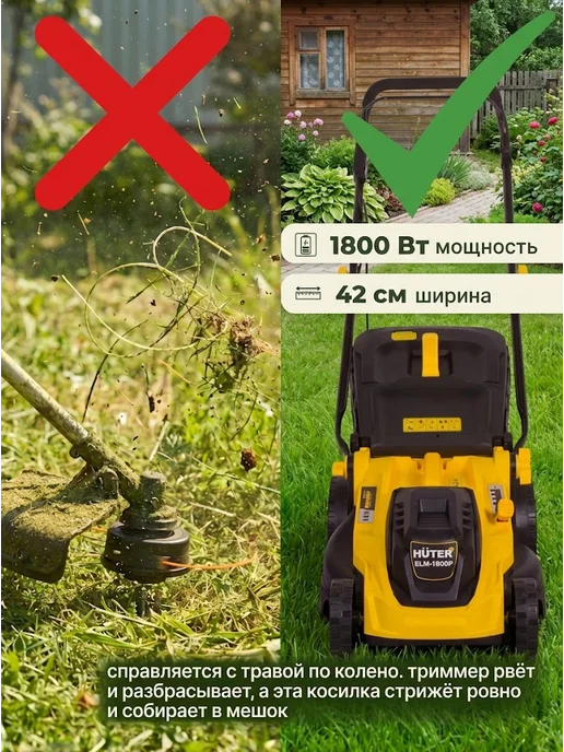 HUTER Газонокосилка электрическая садовая ELM-1800P, вариант, фото 3