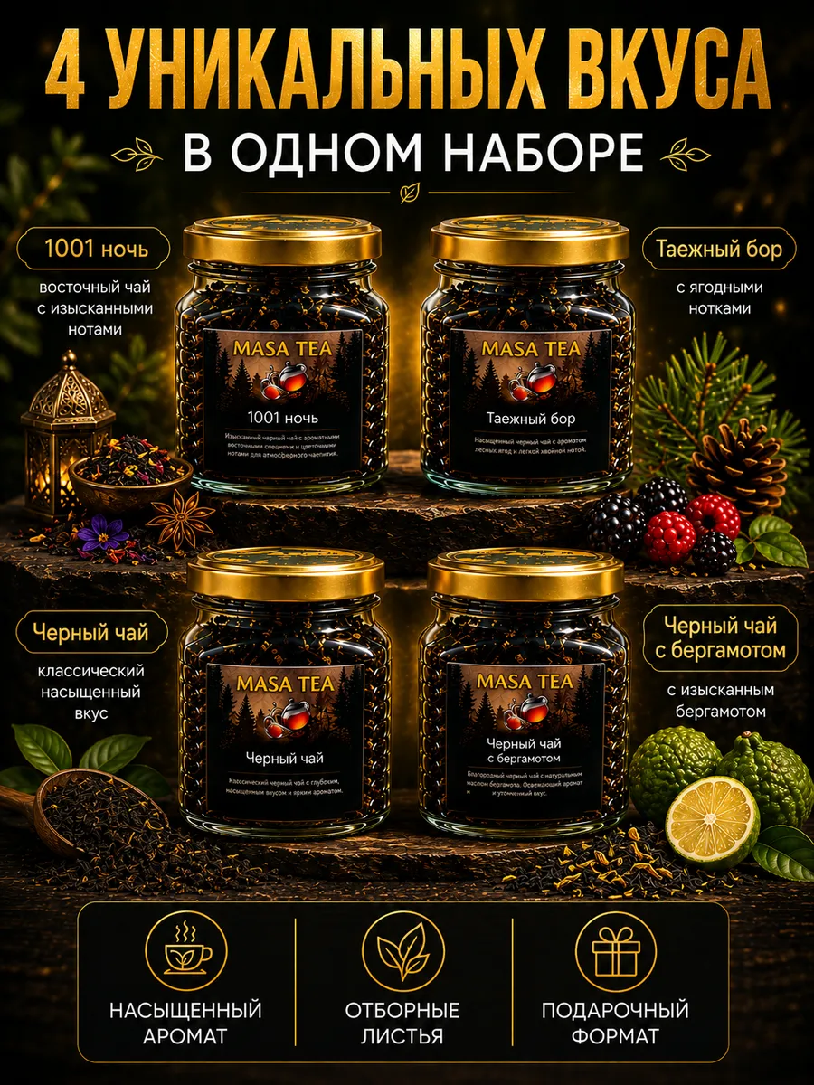 Подарочный набор черного чая 4 вкуса в банках