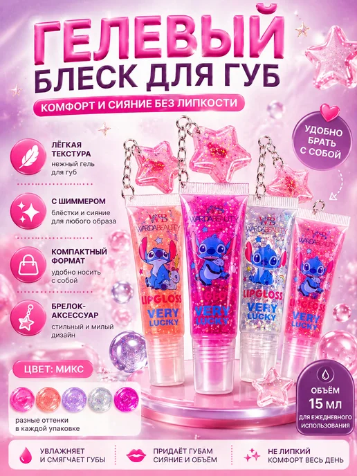 айти09 Блеск для губ с блёстками Стич брелок 15 мл, 15 мл, фото 2