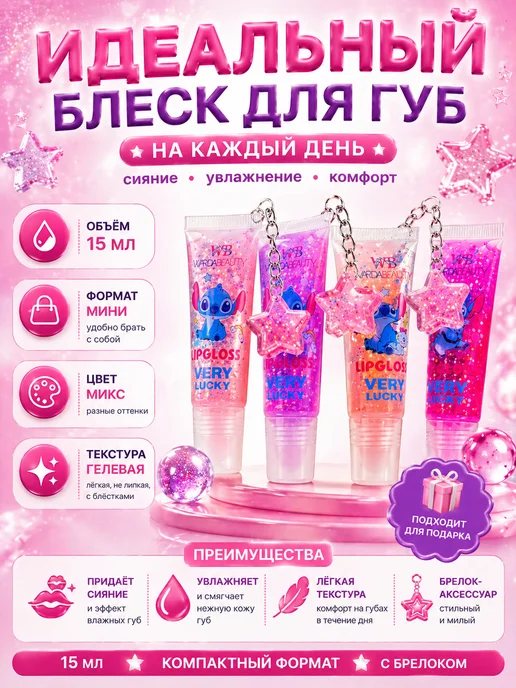 айти09 Блеск для губ с блёстками Стич брелок 15 мл, 15 мл, фото 3