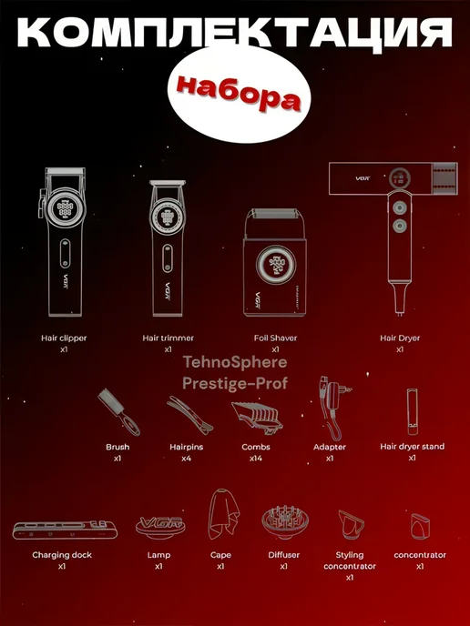 VGR Набор для Стрижки Профессиональный, красный, фото 6