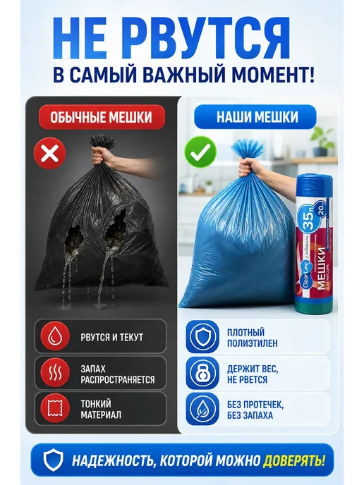 Уютверк Мешки для мусора высокопрочные мусорные пакеты 35 л 60 шт, 35 л, 60 шт, фото 2
