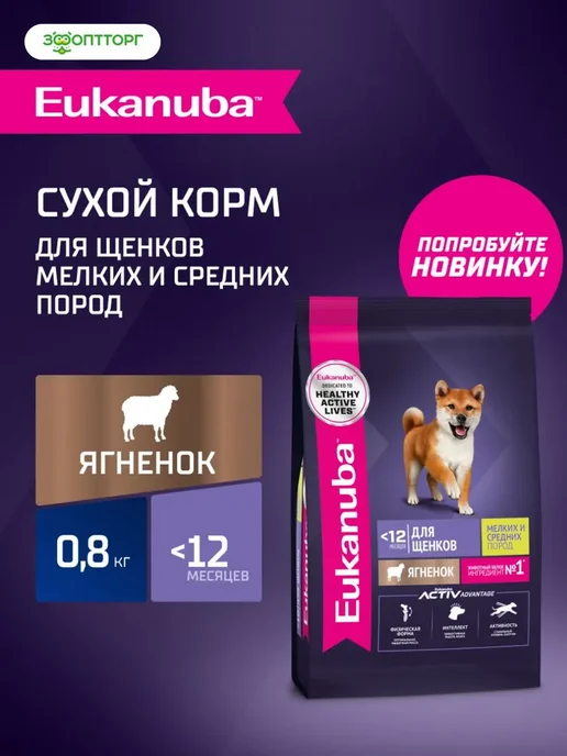 Сухой корм Eukanuba для собак, мелкие, средние, щенки, ягненок, 0,8 кг