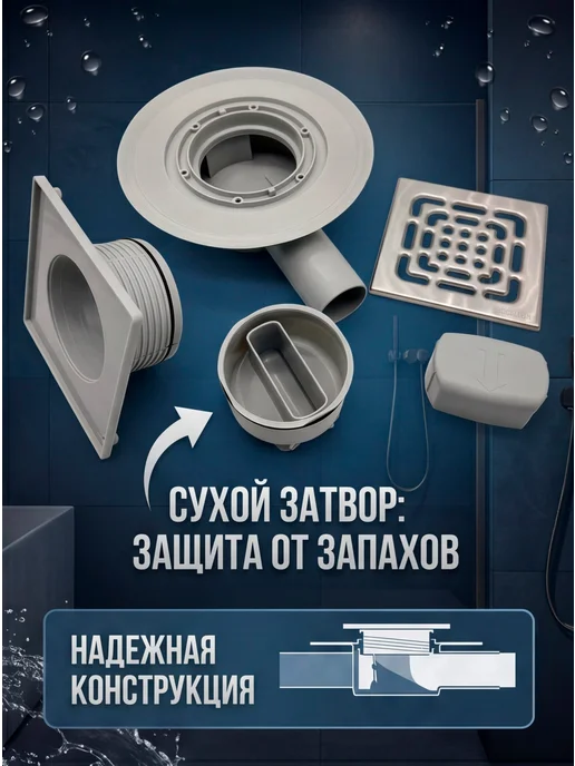 ZEISSLER Трап для душевой с сухим затвором 15*15см угловой, 15x15 см, фото 2