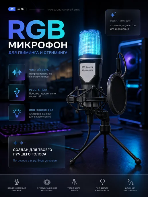 Компьютерный микрофон для стриминга, игр и записи RGB, штати…, черный