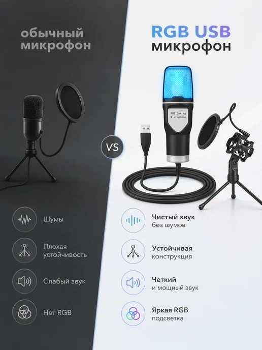 Компьютерный микрофон для стриминга, игр и записи RGB, штати…, черный, фото 6