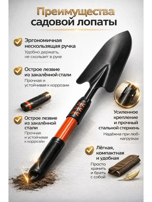 о124г Лопата садовая металлическая ручная для посадки грунта, черный, фото 3