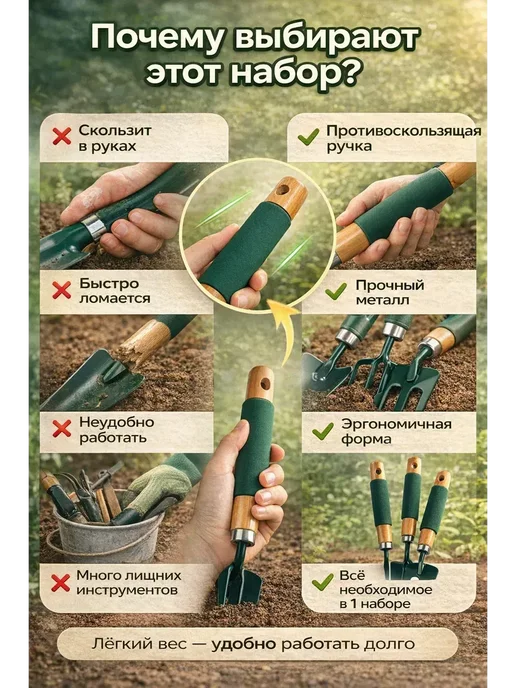 БинДауд Набор садовых инструментов 3 в 1 для растений и дачи, вариант, фото 3