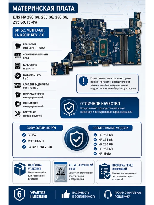 HGH Мат плата (LA-K201P) для HP 250 G9 (i7-1165G7), вариант, фото 4