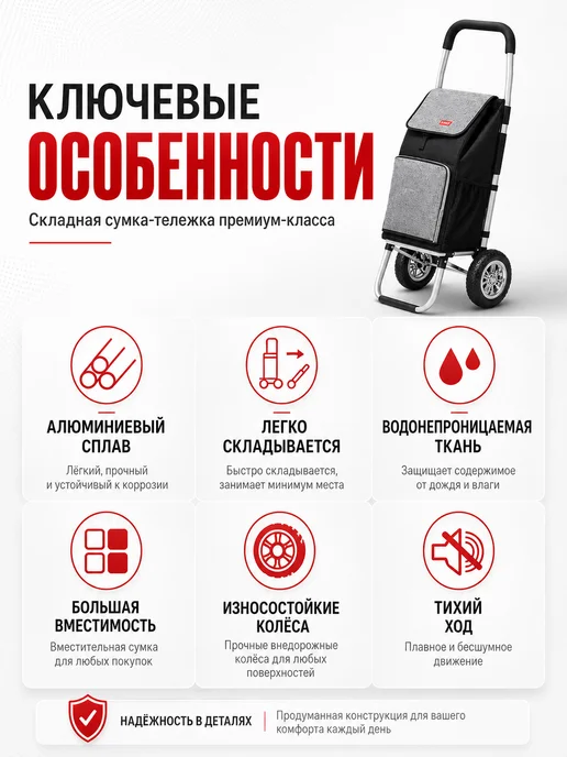 Сумка-тележка хозяйственная на колесах, черный, фото 2