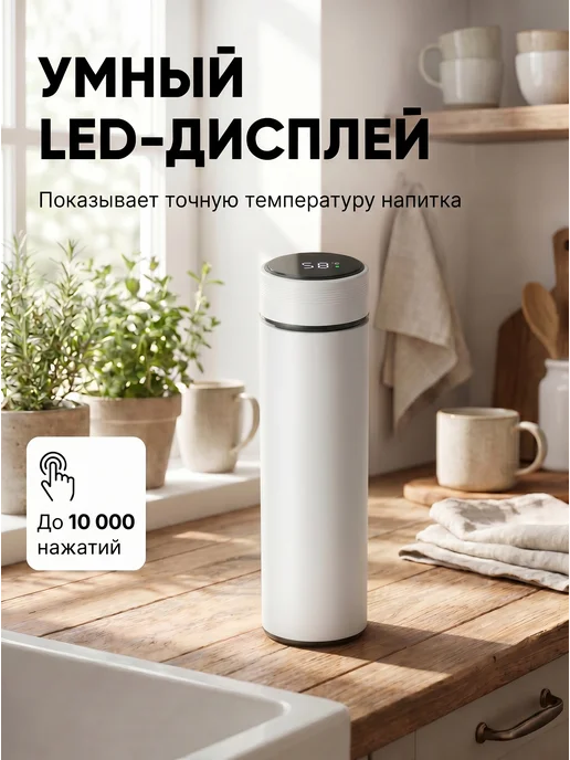 KELLER&HOME Термос с датчиком температуры для чая и кофе 0.5, белый, фото 4