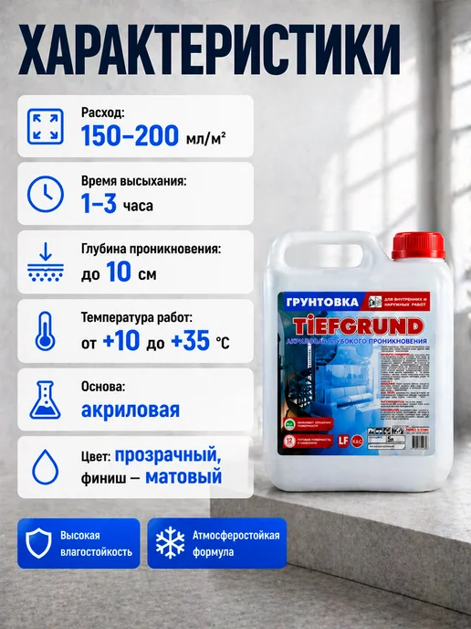 TIEFGRUND Грунтовка акриловая глубокого проникновения 10 л, 5 л, фото 2