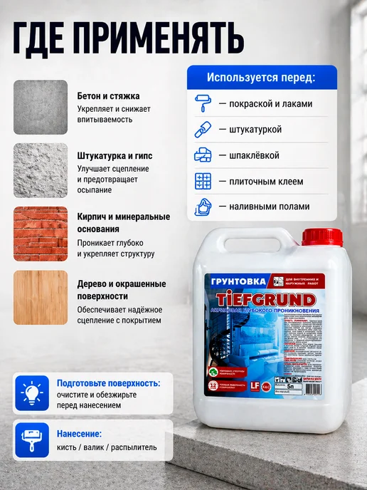 TIEFGRUND Грунтовка акриловая глубокого проникновения 10 л, 5 л, фото 4