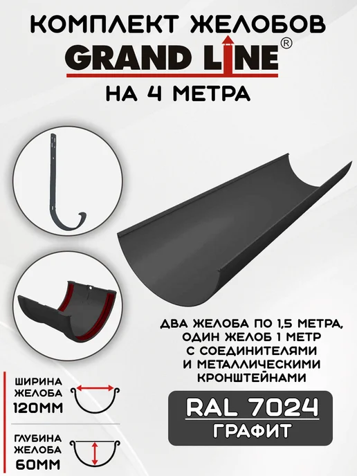 Grand Line Комплект желобов 4,1м мет.кр RAL7024 Графит, 4,1 м