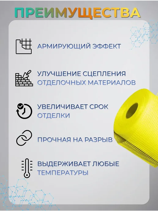 Сетки для штукатурки синяя желтая Сетка для штукатурки стен 1х25м 145г м2 желтая, 25 м, 145 г, фото 3