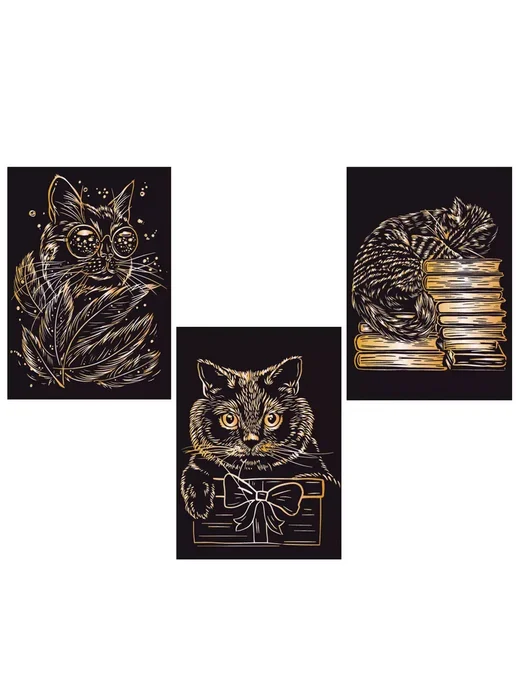Hobbius Гравюра мини 10 x 15 см. 3 шт. "Котики" (золото), 10x15 см, 3 шт