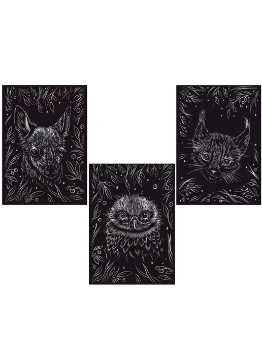 Hobbius Гравюра мини 10 x 15 см. 3 шт. "Пушистые малыши" (серебро), 10x15 см, 3 шт