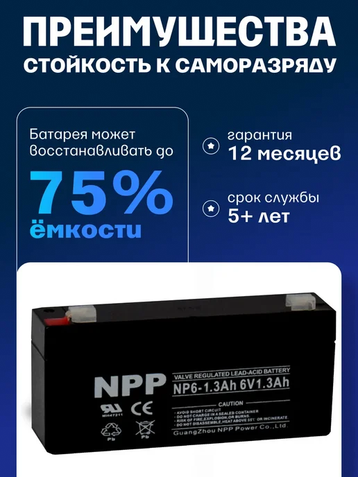 NPP Аккумулятор 6v 1,3 Ah AGM для кассового аппарата, вариант, фото 3